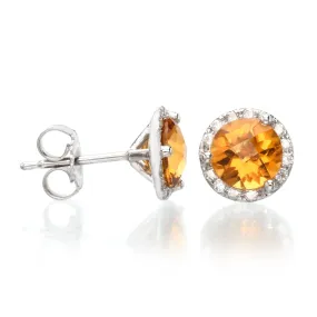 14K White Gold Diamond Halo Citrine Studs