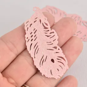 2 Metal Feather Charms Filigree Enamel, Pink with Glitter, 2-3/8", chs6715