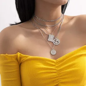 Boho Coin Layered Silver Necklace Butterfly Jewelry