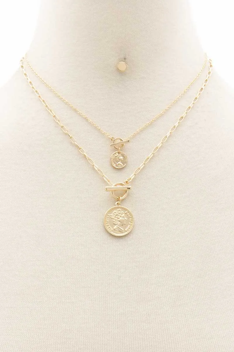 Double Coin Toggle Clasp Layered Necklace