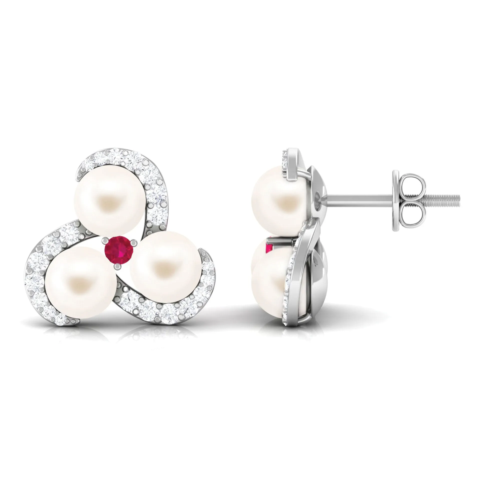 Freshwater Pearl Cluster Stud Earrings with Ruby and Diamond