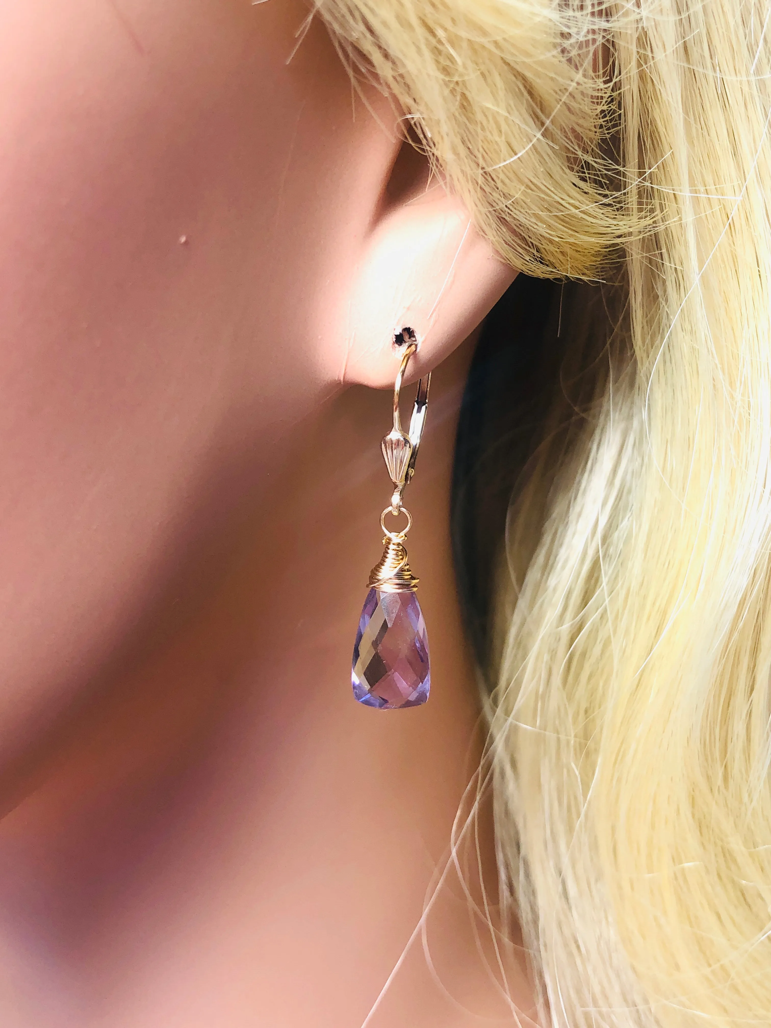 Gold Pink Amethyst earrings, Pink Amethyst Gold Lever back Earrings