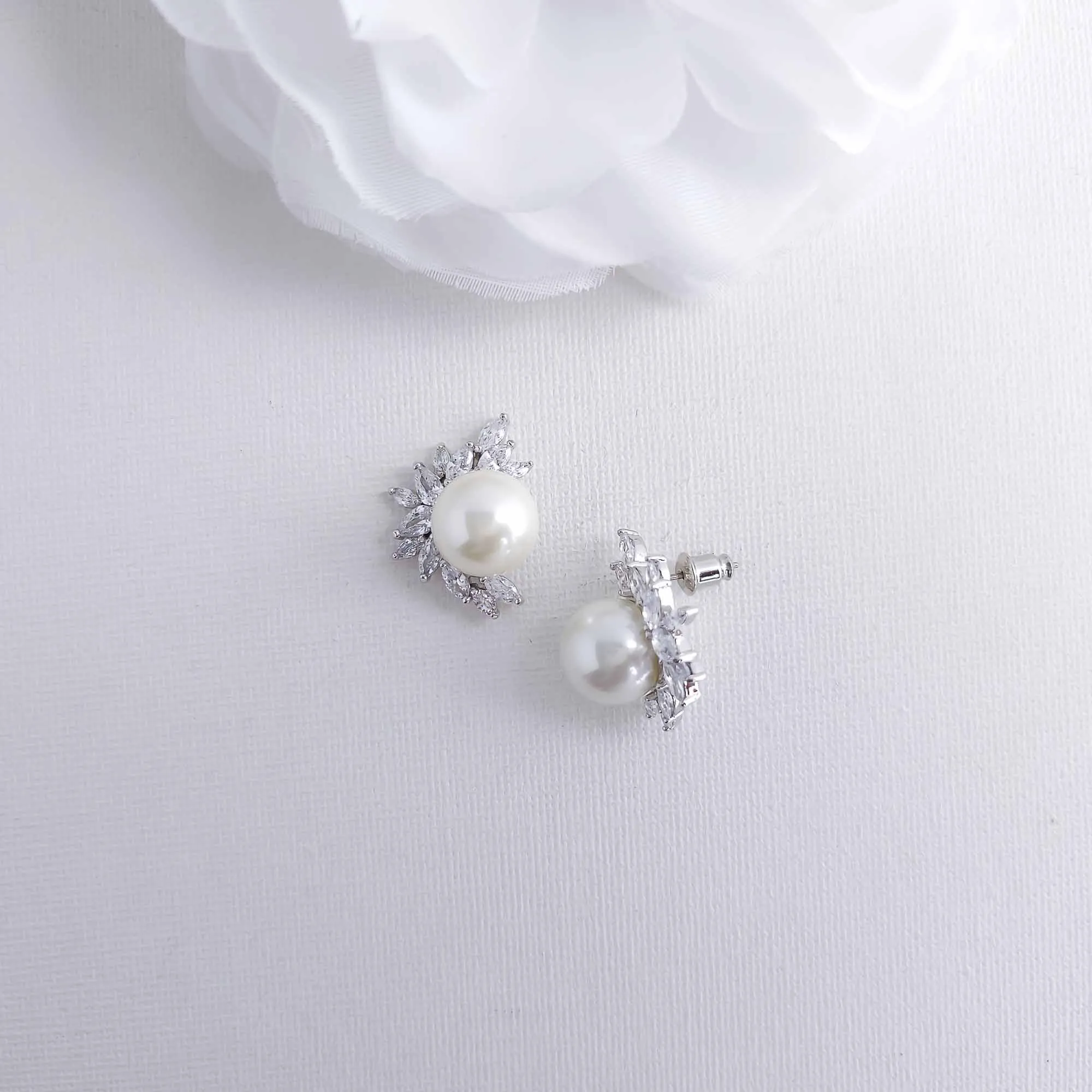 Pearl and CZ Cluster Stud Earrings Silver-Rylee