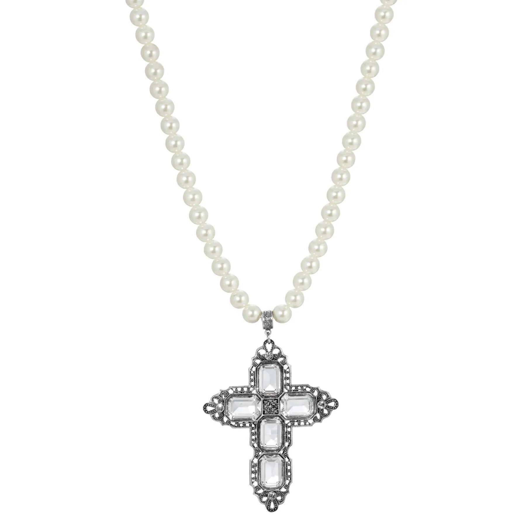 Symbols Of Faith Octagon Stone Cross Pendant 10mm Faux Pearl Strand Necklace 18"   3" Extender