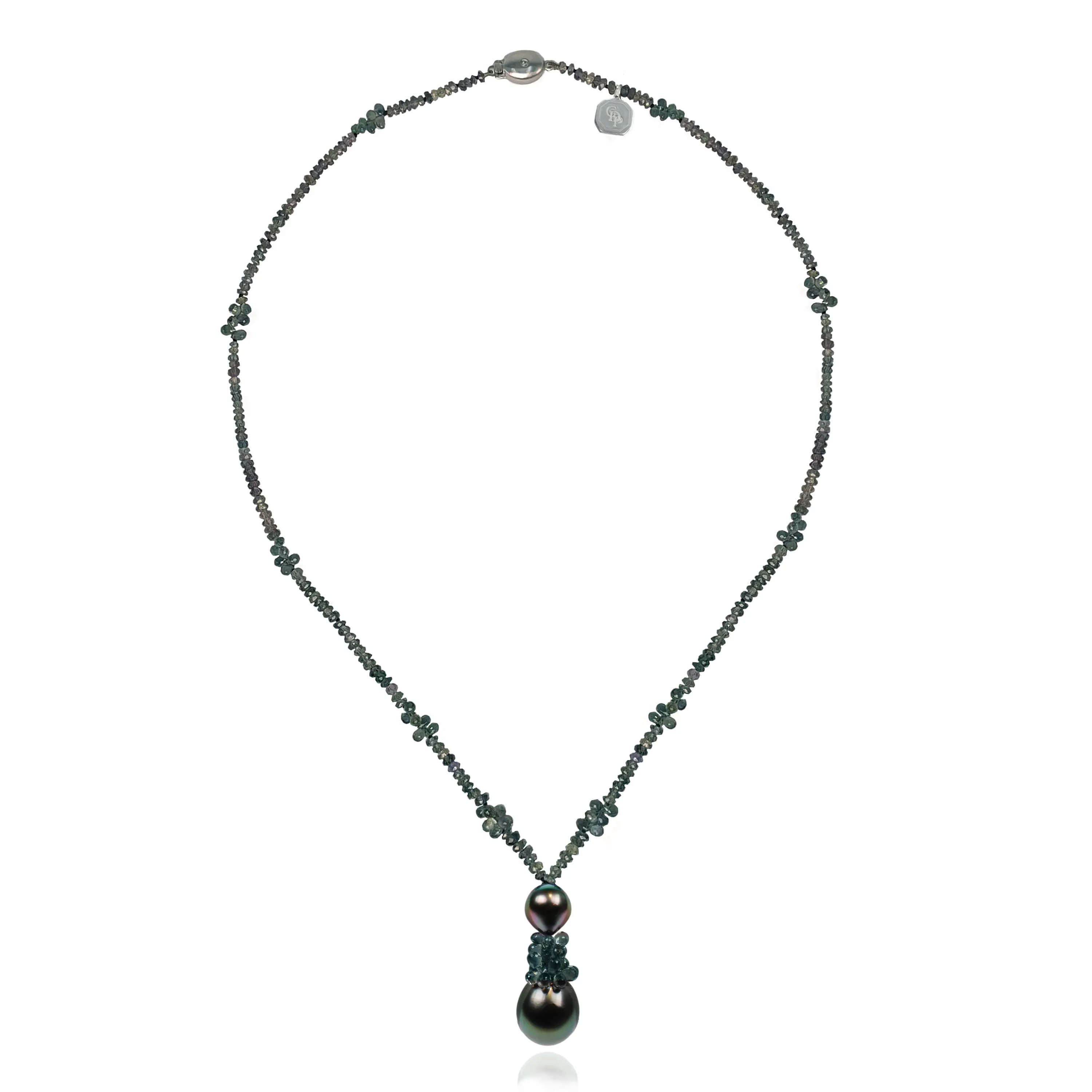 Tahitian Pearl & Green-Blue Sapphire Tassel Drop Necklace