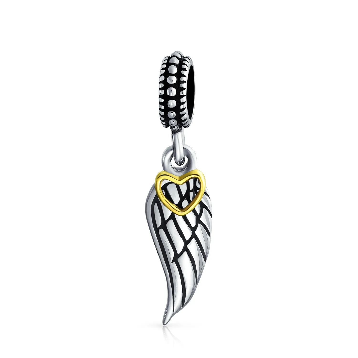 Two Tone Heart Dangle Charm Bead with Angel Wing Feather for European Bracelet
